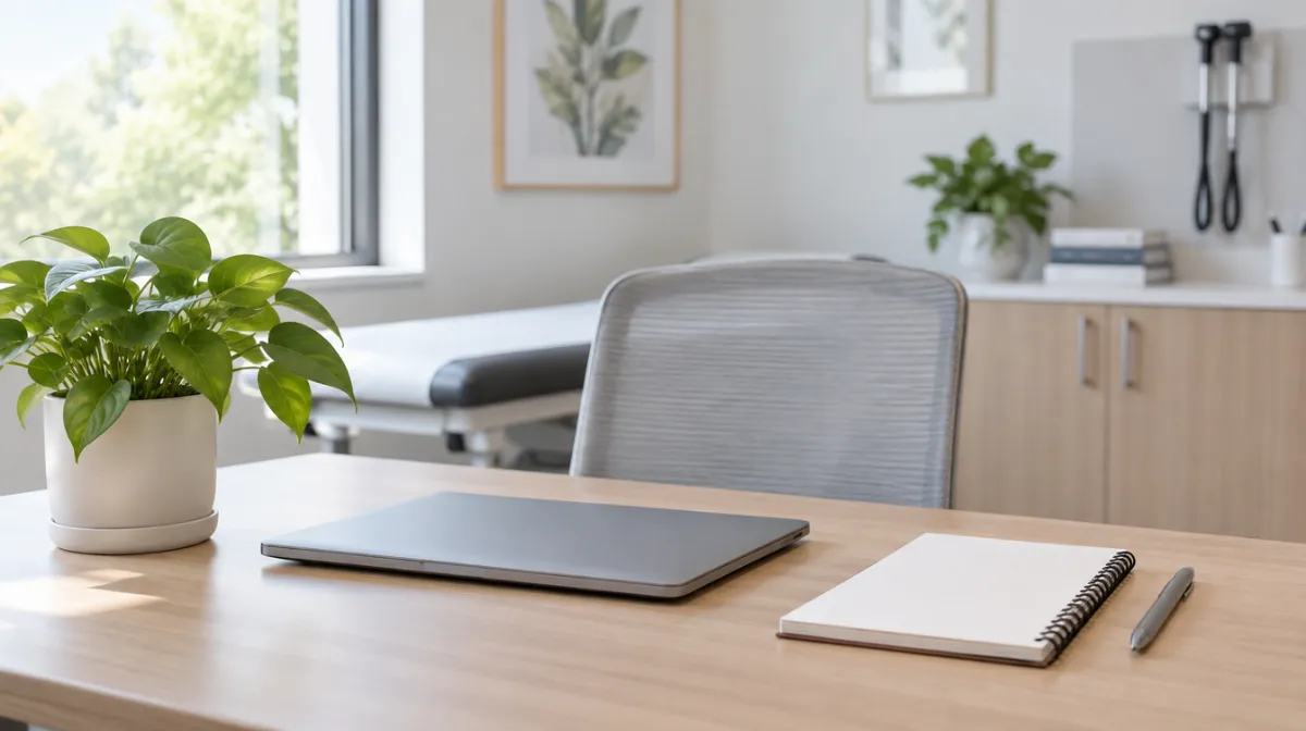 A calm clinic office with a laptop, a notepad and a potted plant on the desk