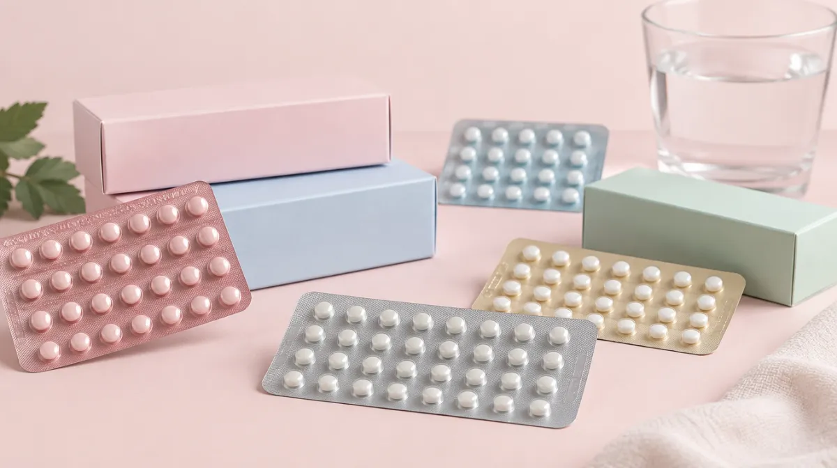 An assortment of unbranded contraceptive packaging on a soft pastel background