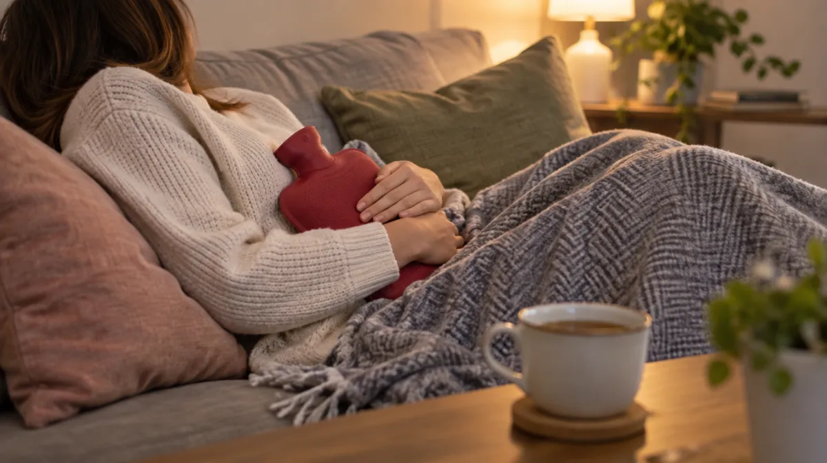 A woman resting on a sofa with a hot water bottle and a cup of tea, face turned away