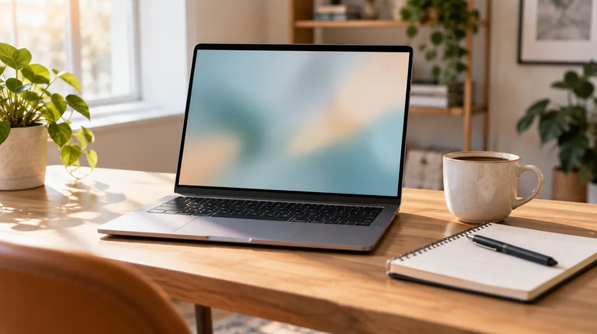 A laptop on a desk in a sunny home office beside a notebook and a cup of coffee