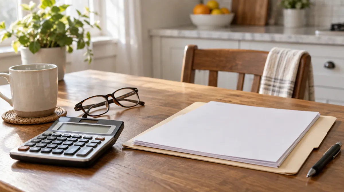 A calculator, reading glasses and a folder of blank forms on a tidy kitchen table