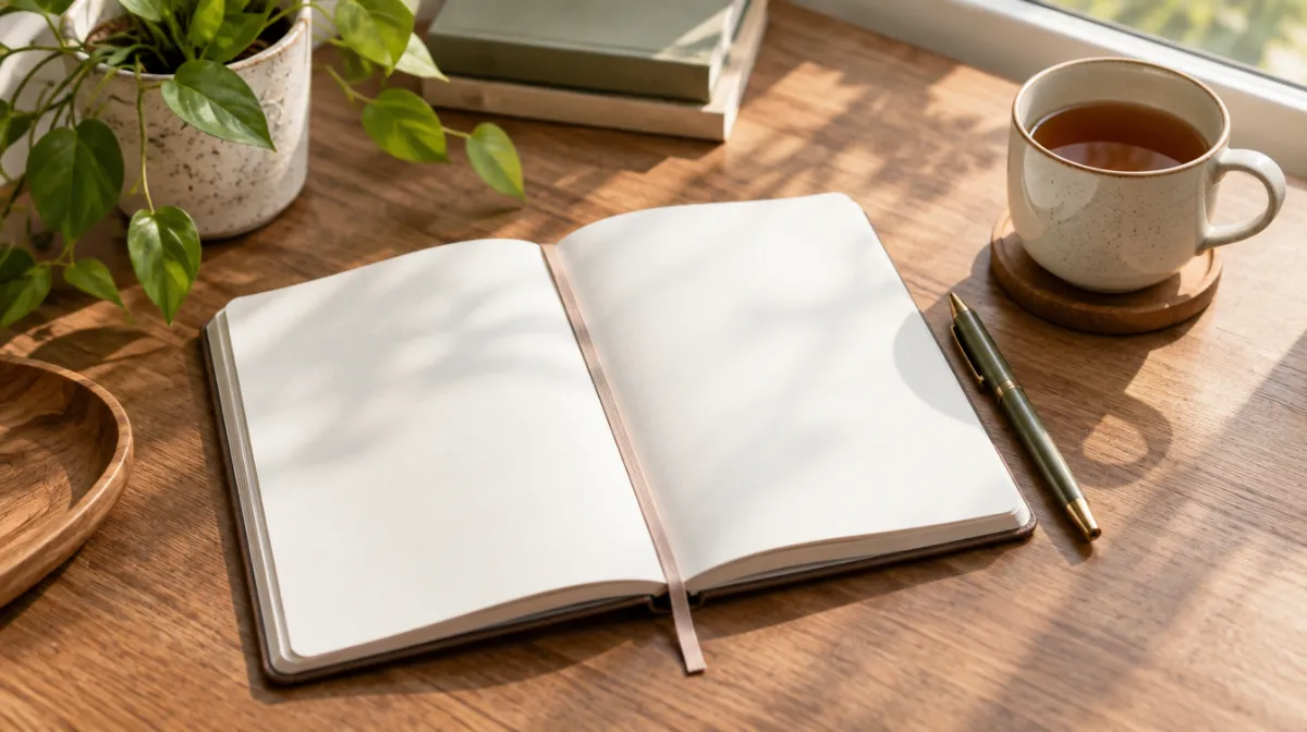 A paper planner with blank pages, a pen and a cup of tea on a sunny desk