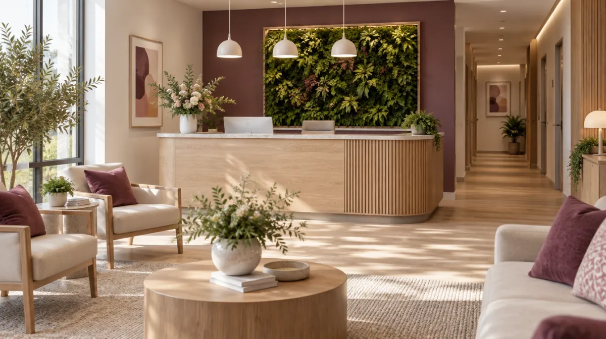 A welcoming women’s health clinic reception area with light oak and plants