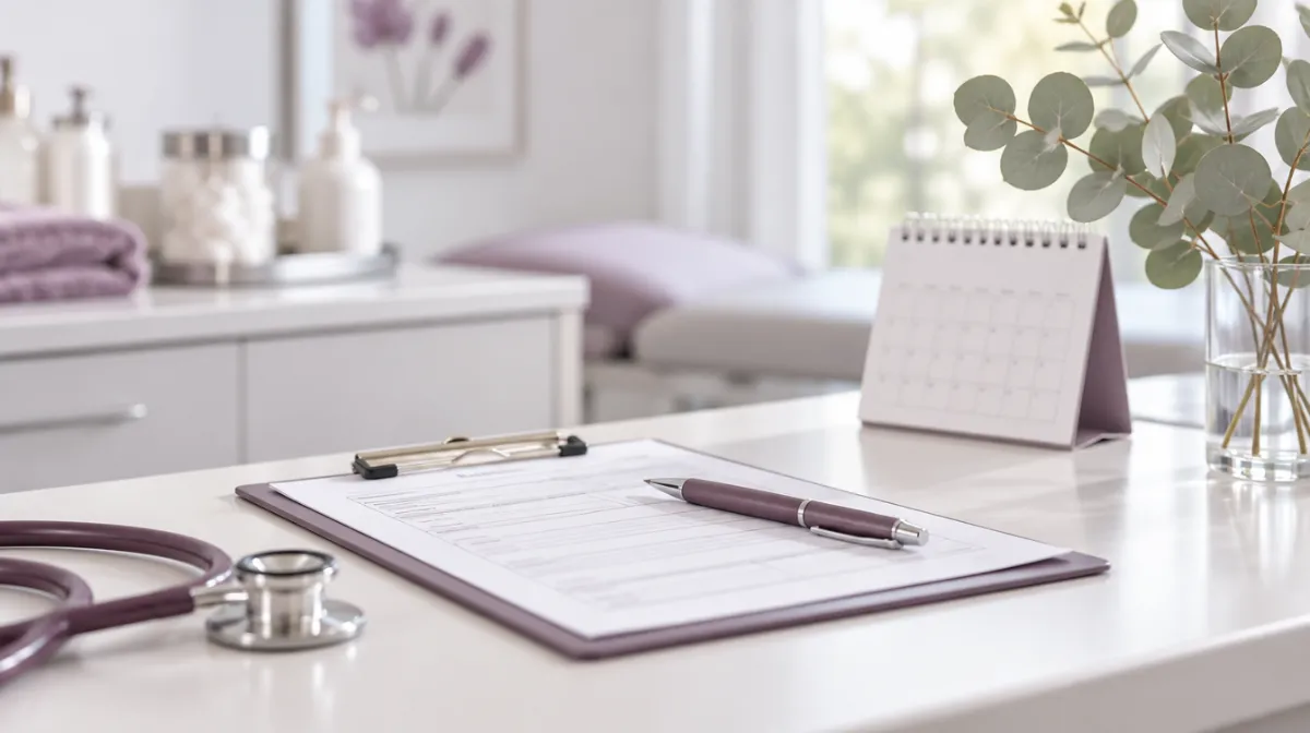 A clinician’s clipboard, pen and desk calendar on a white clinic counter