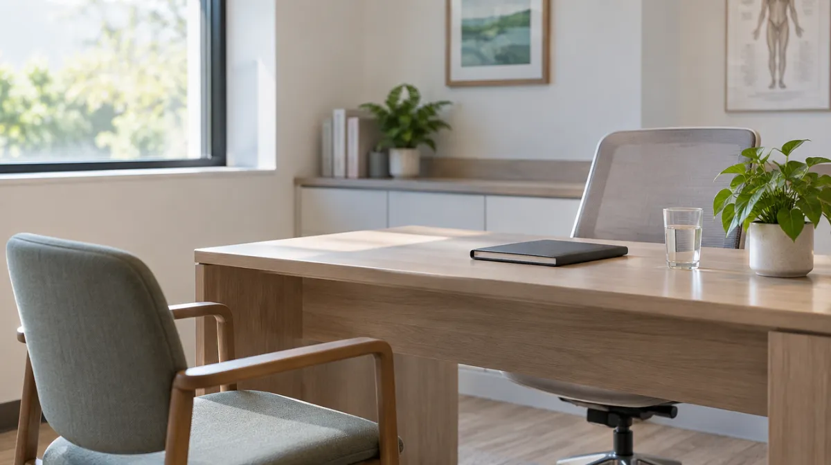 A calm clinic consultation desk with a notebook, a glass of water and a small plant