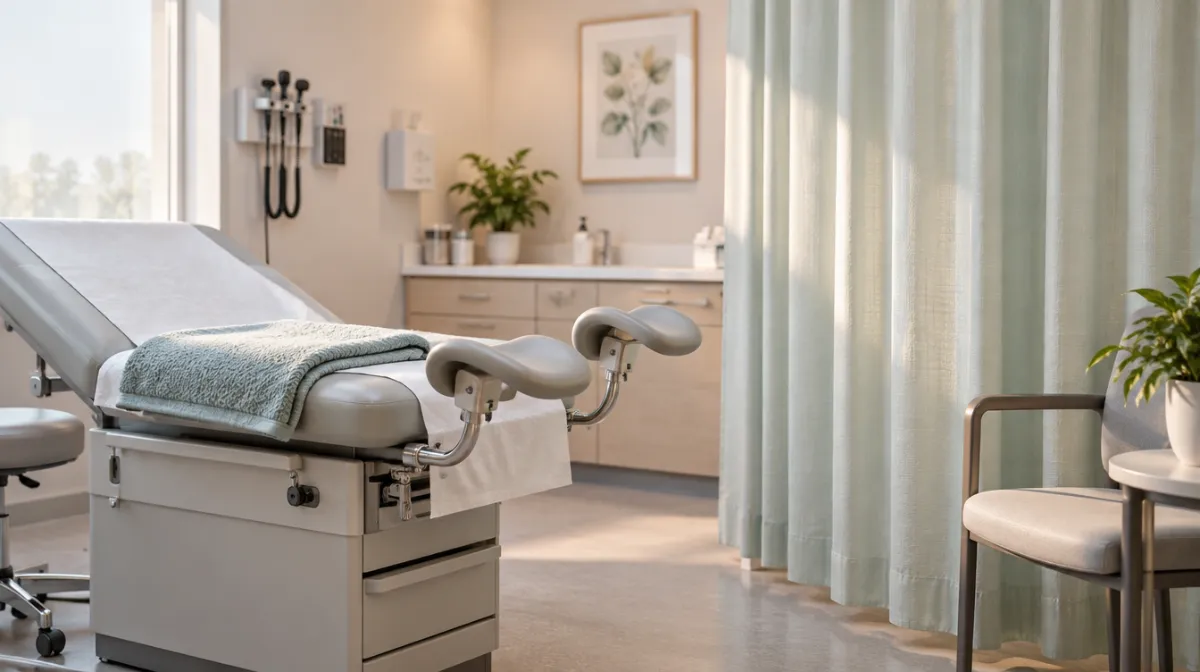 A softly lit, tidy exam room with a padded exam table, a folded blanket and a privacy curtain