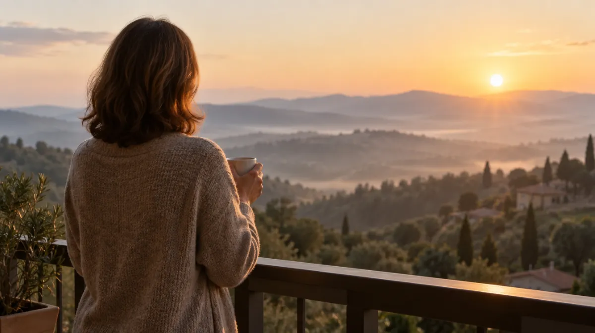 A calm woman seen from behind on a balcony at sunrise, holding a cup of tea