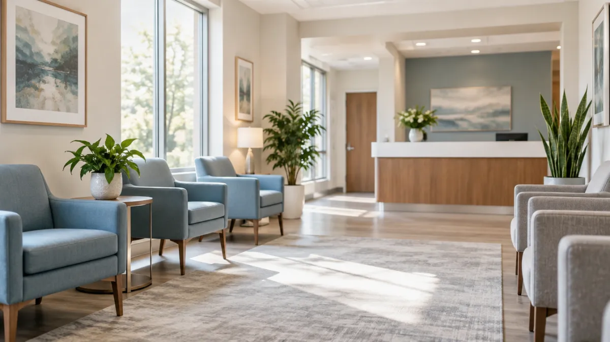A bright, welcoming clinic waiting area with chairs, plants and soft daylight