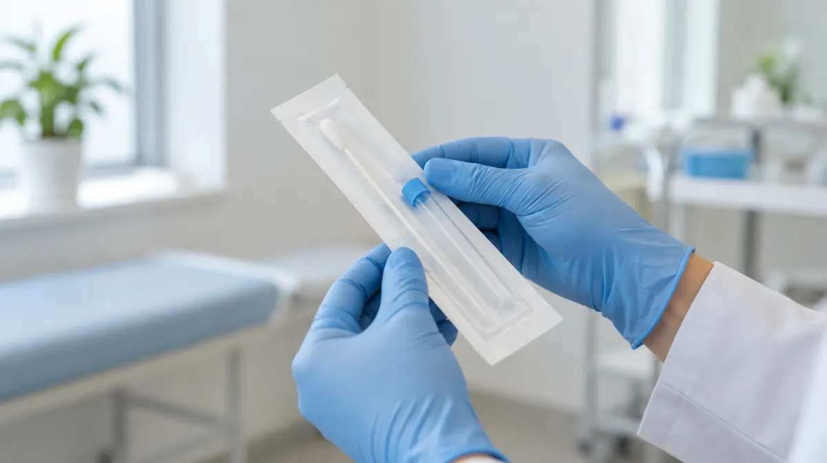 Gloved hands holding a sealed swab test kit in a bright, calm clinic